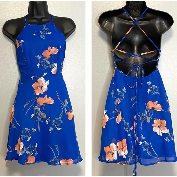 Lulus Dresses & Skirts - Lulus Cherished Moment Blue Floral Open Lace Back Fit & Flare Skater Mini Dress